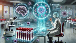 DALL·E 2024-12-01 14.43.01 - A futuristic laboratory scene illustrating the concept of an AI-powered blood test for early detection of Parkinson's disease. The image features a sc