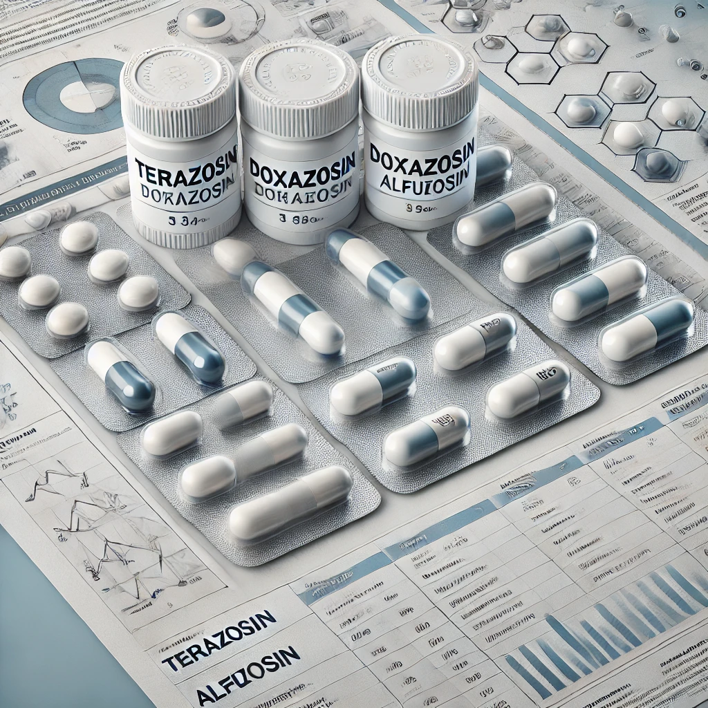 DALL·E 2024-12-01 19.11.29 - A detailed and realistic illustration focusing only on the drugs terazosin, doxazosin, and alfuzosin, commonly used for prostate treatment. The medica