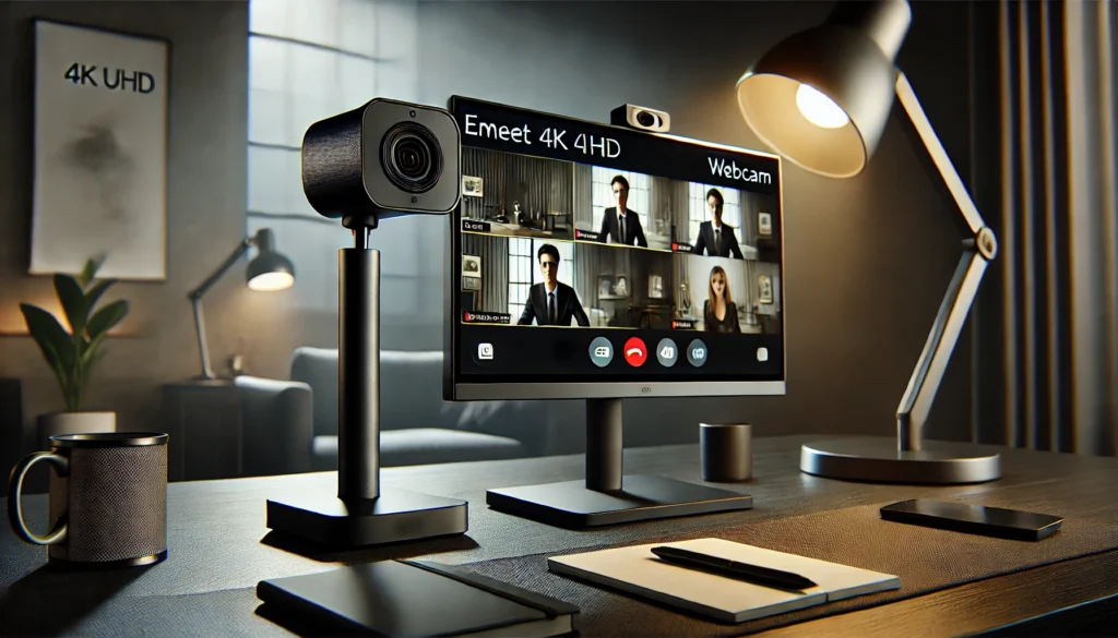 DALL·E 2024-12-05 20.16.39 - An elegant and professional setup featuring the EMEET S800 4K UHD Webcam in use. The image showcases a modern, minimalistic workspace with a sleek mat