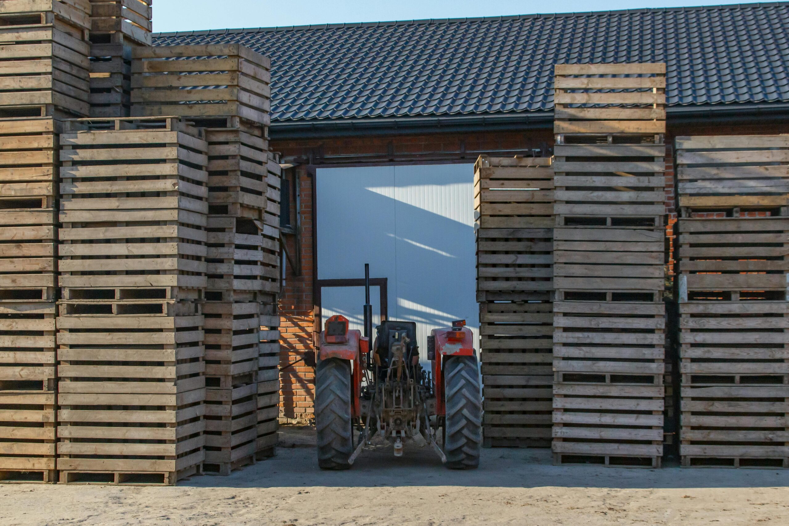 Red tractor positioned among towering stacks of wooden pallets outside a warehouse.